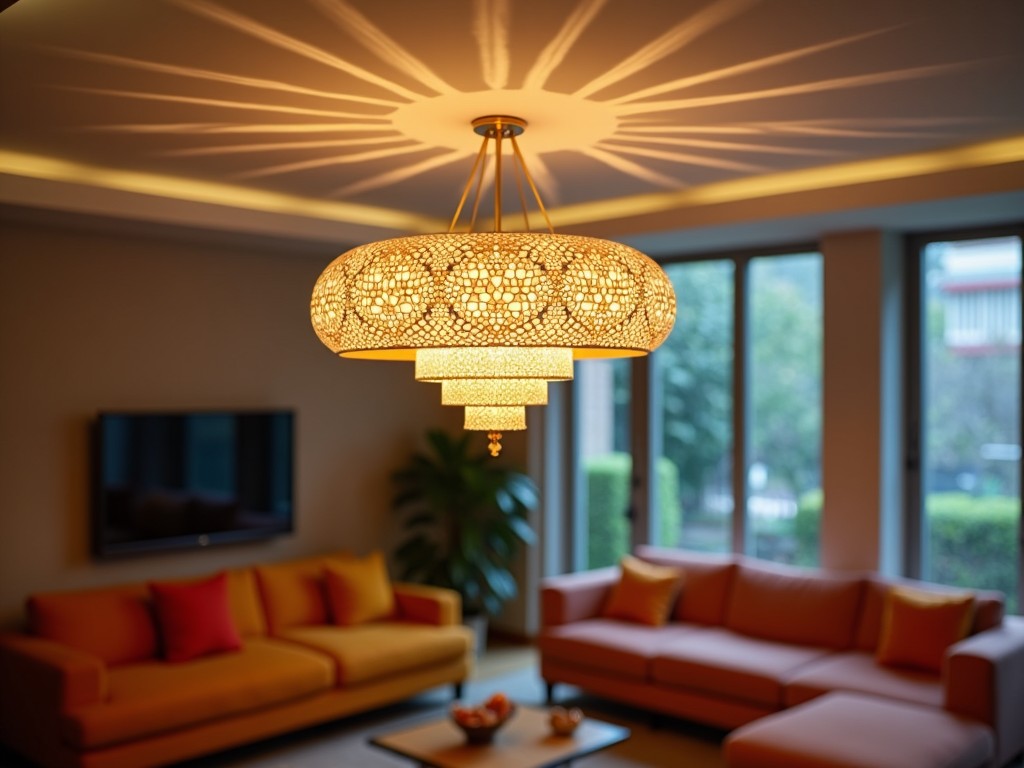 A modern living room with a uniquely designed ceiling lamp casting intricate shadows on the ceiling, warm-toned sofas, large windows, and greenery outside.