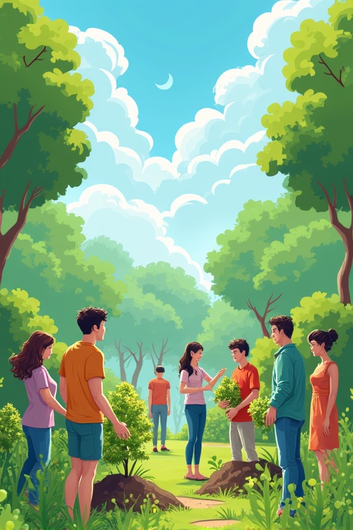 Illustration depicting a group of people celebrating Earth Day in a lush green forest. They are engaged in planting bushes and enjoying nature. Clear blue sky with fluffy clouds adds to the serene environment.