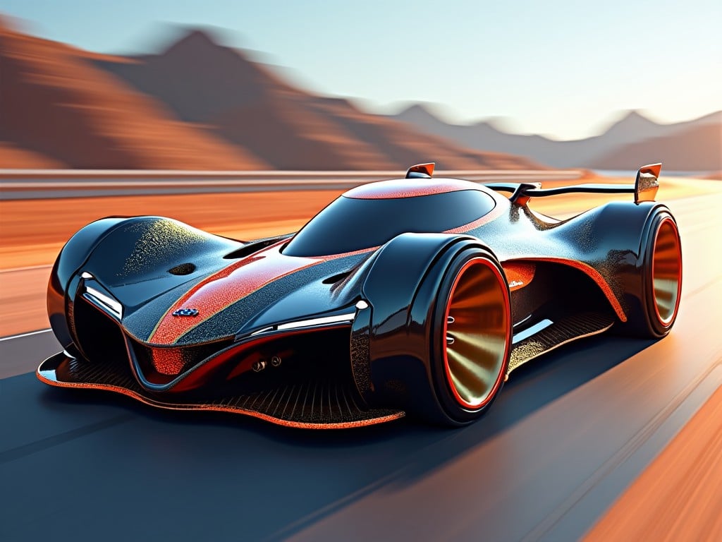 This image depicts a Hot Wheels-inspired concept car that combines sleek design with vibrant colors. The car features a futuristic silhouette, highlighted by black and orange tones. Its wheels are oversized and stylized, giving it a striking appearance when in motion. The background suggests a sunlit highway, enhancing the sense of speed and adventure. The warm lighting creates a dramatic effect, making the car stand out.