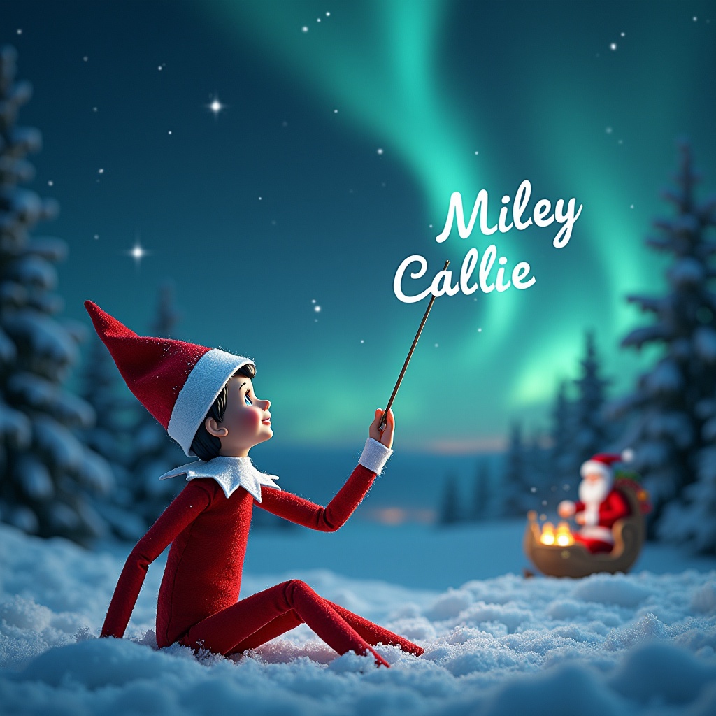 Enchanting Christmas scene features an elf writing the names 'Miley' and 'Callie' in the night sky. Background shows northern lights with Santa Claus in distance. Snow covers ground for a serene winter wonderland. Captures essence of holiday joy.