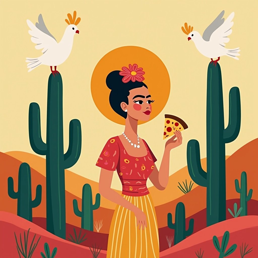 Minimalistic illustration depicts a woman in a vibrant Mexican landscape at sunrise. She stands surrounded by cacti and peace doves while eating pizza. The design focuses on simplicity with clean lines and bold colors to create a cheerful and relaxed vibe.