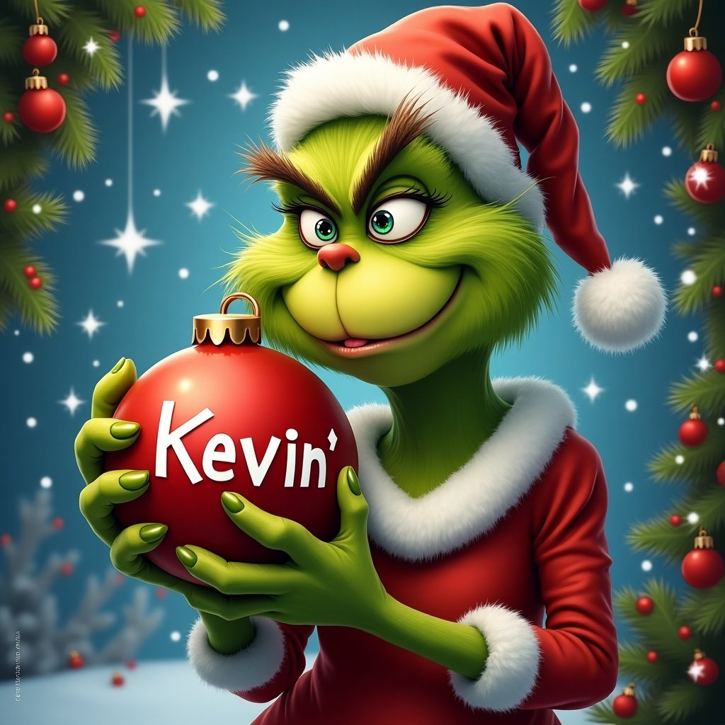 Grinch holds a red Christmas bauble featuring the name Kevin. Decorated holiday background with green and red colors. The character wears a Santa hat and has a joyful expression.