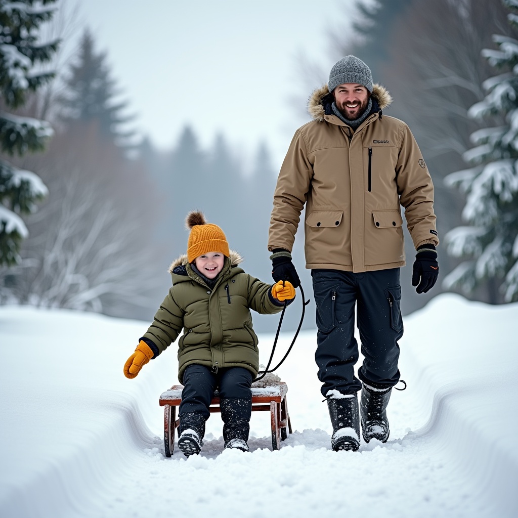 Create a scenic winter landscape in Sweden with snow covering the ground and trees. A father is pulling a sled through the snowy landscape with his son sitting on it. The father wears a light brown jacket and black pants, while the son is dressed in an olive-green fluffy jacket with yellow gloves and an orange cap. Highlight the serene, picturesque atmosphere of winter. Show the warmth and bond between them as they enjoy their time outdoors.