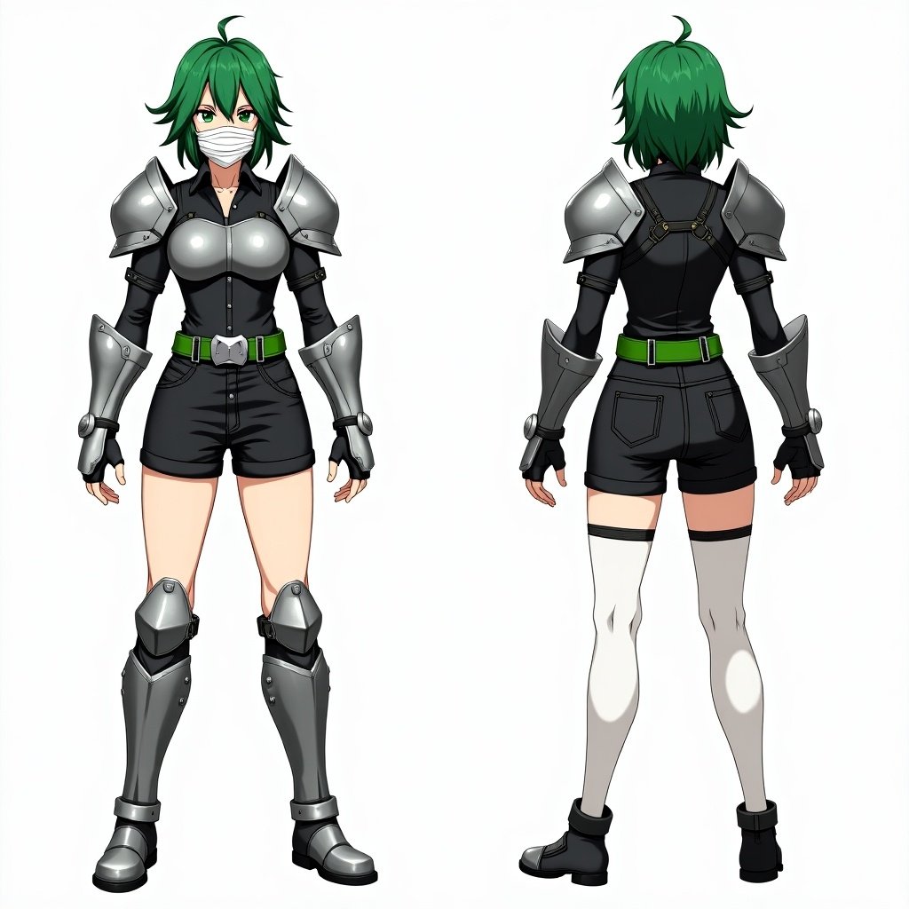 Anime mercenary tomboy with green hair. Character features curtain bangs, white bandaged face mask. Wears metal silver shoulder pads, chestplate, black shirt, black short jeans with green belt and silver buckle. Sports metal gauntlets, shin and knee pads. White tights on legs. Presented in three views: front, side, back.