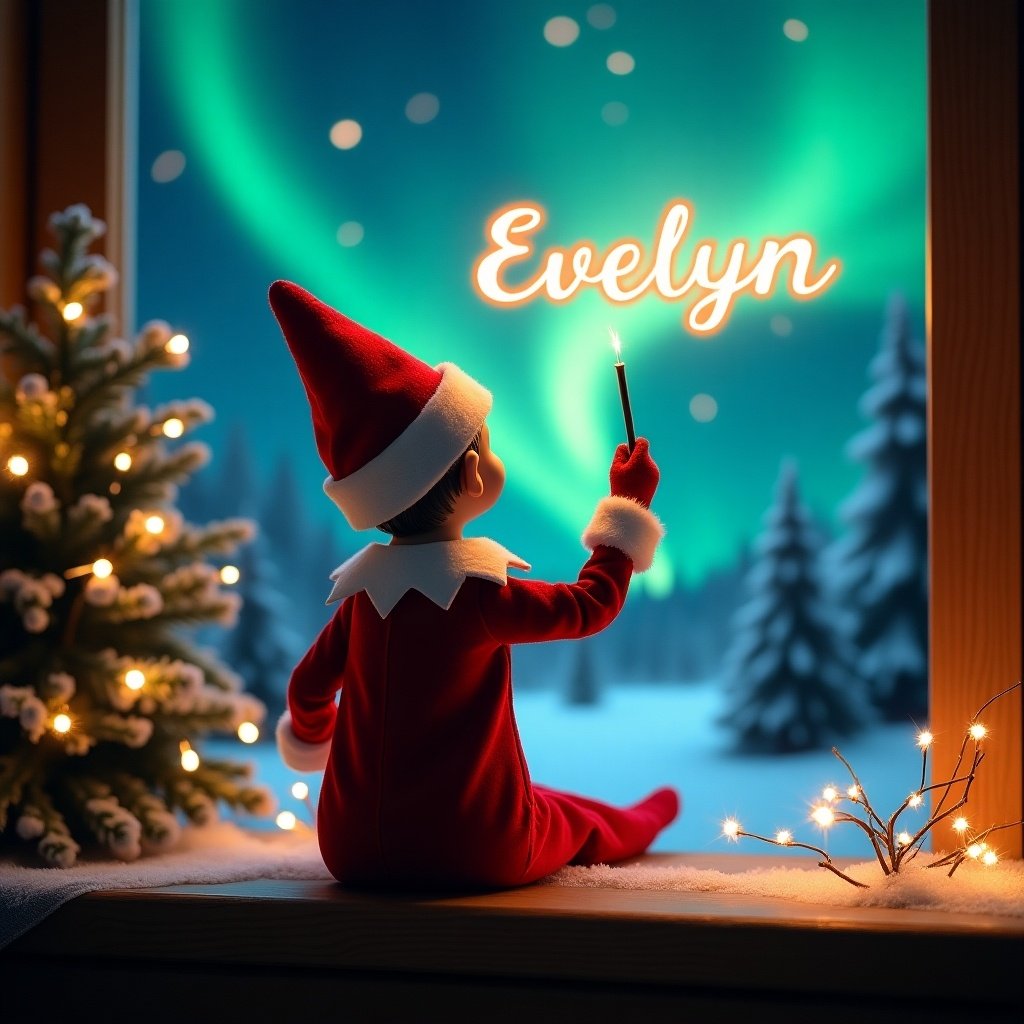 This enchanting Christmas scene features an elf on the shelf, positioned with its back to the viewer, gazing at the stunning northern lights. The elf is dressed in a cheerful red and white outfit, embodying the spirit of the season. With a magic wand in hand, it writes the name 'Evelyn' in glowing script above, adding a personal touch to the scene. Surrounding the elf are whimsical decorations, including a beautifully lit Christmas tree and twinkling lights. The overall atmosphere is one of wonder and excitement, perfectly capturing the joy of the holiday season.