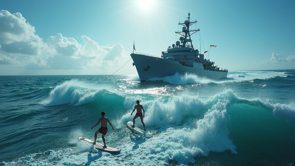 Two surfers ride waves near a large battleship under a bright sun and clear sky.