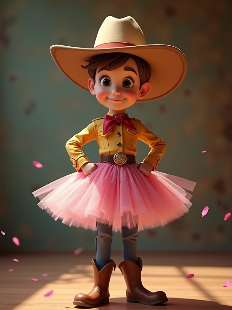 Character of a boy wearing a western hat and a pink ballet tutu. The boy appears confident and cheerful. The setting is simple with no background distractions.