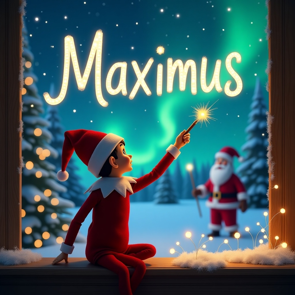 The illustration features an elf on the shelf positioned with his back to the viewer, gazing up at the sky. He holds a wand, crafting the name 'Maximus' in sparkling lights against a backdrop of shimmering northern lights. In the magical scene, Santa Claus can be seen in the background, using his own wand to elegantly write the names 'Tyler' and 'Paige' in the air. The snowy landscape and evergreen trees enhance the Christmas spirit of the image. This festive and whimsical artwork encapsulates the enchantment of the holiday season.