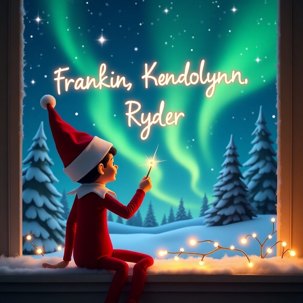 This enchanting image features an Elf on the Shelf character sitting by a window, facing a magical sky filled with northern lights. The Elf is using a wand to elegantly write the names 'Franklin, Kendolynn, Ryder' in the air. The background is adorned with snowy pine trees and warm, twinkling fairy lights. The whole scene radiates a festive and magical atmosphere, perfect for the Christmas season. The image captures the joy and spirit of the holidays as it combines tradition with imagination.