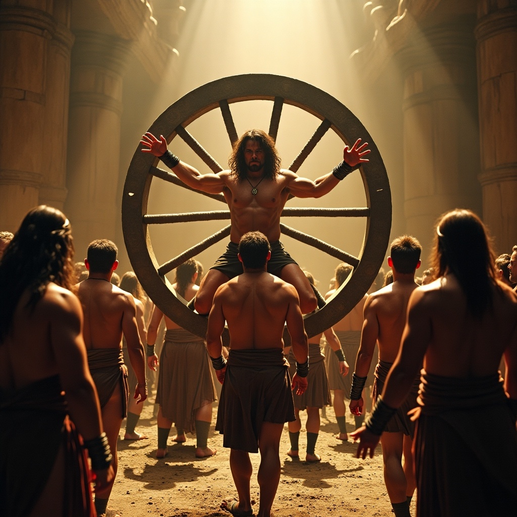 Image depicts a dramatic fantasy scene featuring a muscular man at the center. A large wheel is part of the scene. Other men surround him, creating a sense of power dynamics. Strong lighting enhances the atmosphere.