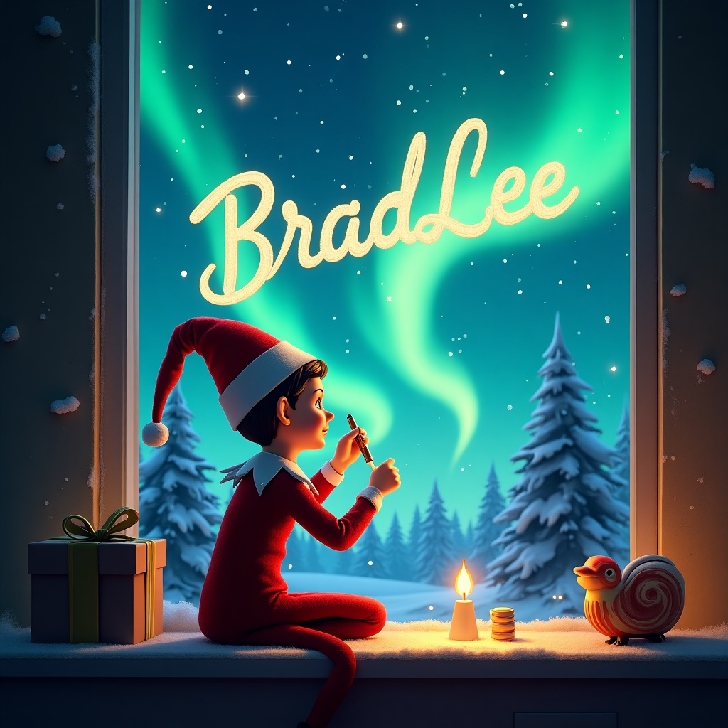 The image depicts an elf on the shelf named BradLee, sitting on a cozy window sill during winter. The elf is engaged in writing, surrounded by festive decorations. Outside, the enchanting northern lights illuminate the sky, creating a magical atmosphere. A lit candle provides a warm glow, complementing the snowy landscape filled with evergreen trees. Additionally, a whimsical bird sits nearby, enhancing the holiday charm of the scene.