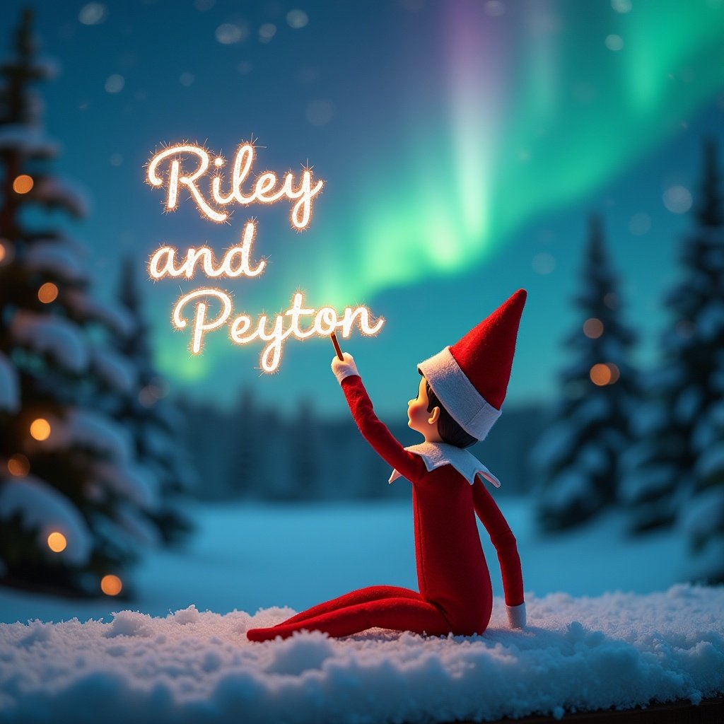 This image showcases a delightful holiday scene with an elf sitting in a snowy landscape. The elf is dressed in classic red and is facing away, gazing at the colorful northern lights above. In its hand, it holds a magic wand that emits sparkling letters forming the names Riley and Peyton in the sky. The snowy ground is dotted with the warm glow of lights, creating a festive and enchanting atmosphere. The overall composition is designed to capture the magic and wonder of the Christmas season.