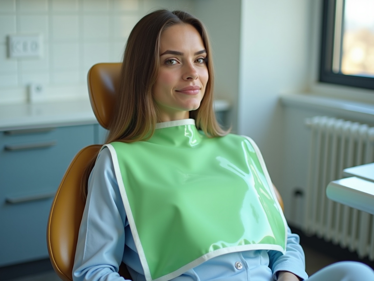 The image depicts a woman sitting in a dental chair, wearing a green dental bib. She has a confident smile, suggesting a positive experience at the dentist. The surroundings are modern and clean, indicative of a professional dental clinic. There are light colors in the environment, creating a welcoming atmosphere. The lighting is bright and inviting, emphasizing the woman's friendly demeanor. This scene captures the importance of routine dental visits and promotes a positive image of dental care.