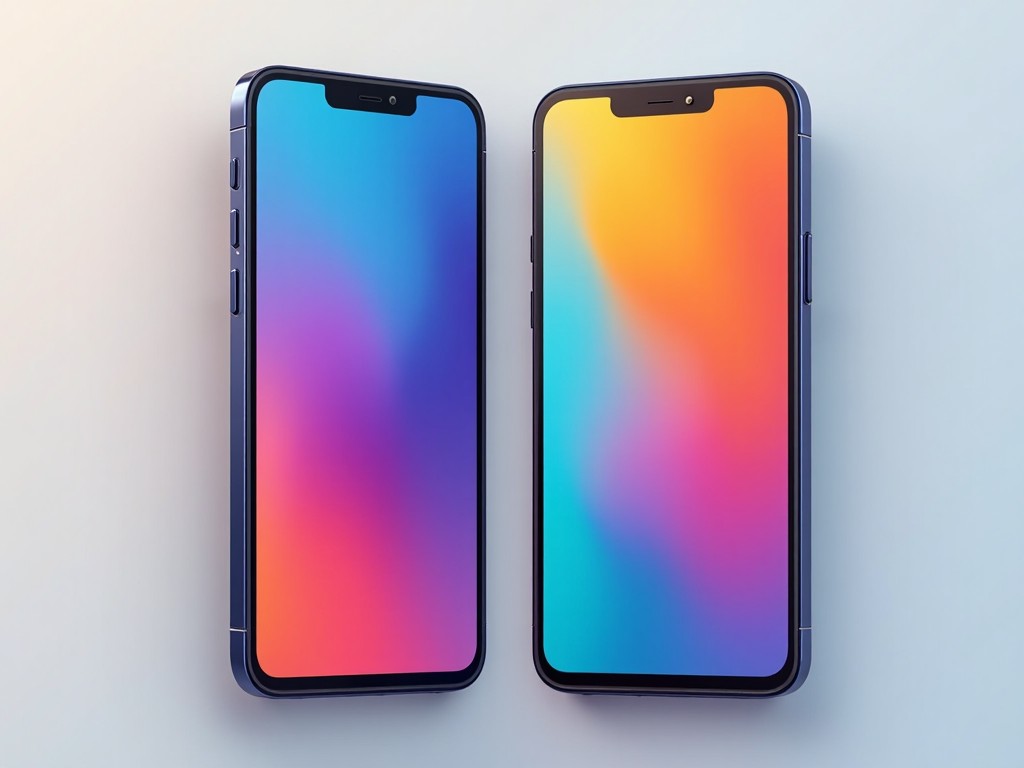 This image features a digital mockup of two smartphones side by side, each displaying vibrant and colorful app interfaces. The colors transition smoothly from blue to orange, indicating a modern and sleek design aesthetic. Both devices are shown from a front perspective, allowing viewers to see their minimalistic borders and the vivid screens. The soft, even lighting creates a visually appealing look that emphasizes their contemporary technology. This mockup serves to highlight the importance of UI/UX design in modern applications.