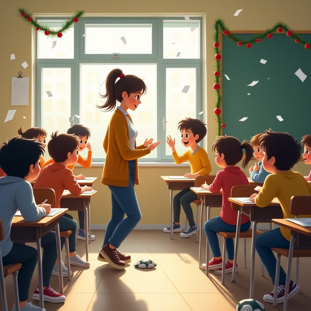 Teacher addresses students in a noisy classroom. Students are engaged in discussion. Bright classroom setting with decorations. Teacher expresses appreciation for on-task students. Teacher plans to report to Santa. Teacher may return for better choices.