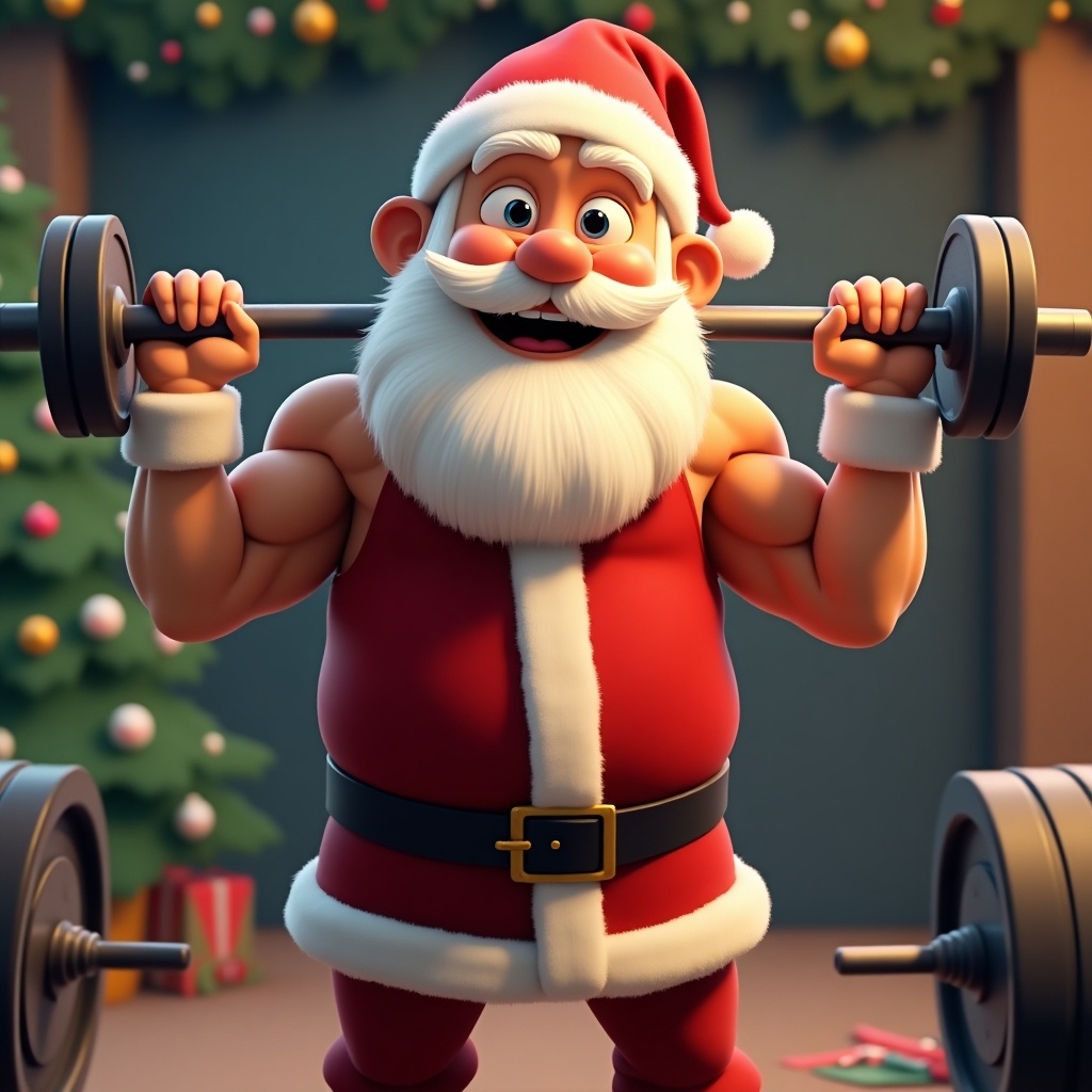 Animated image of Santa Claus as a CrossFit athlete. Cheerful and muscular character lifts weights in a festive setting with Christmas decorations.