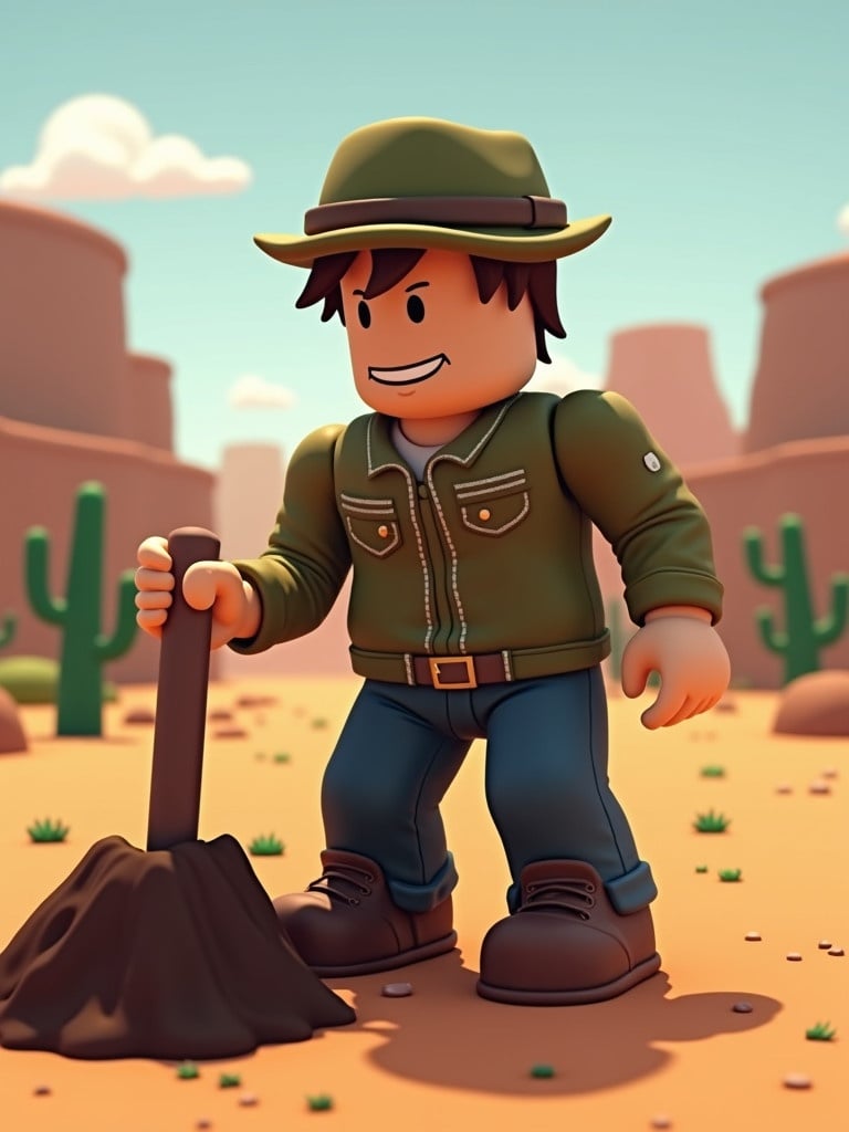 Roblox character digs in a desert with cactus plants around. The character wears a green jacket and a hat. Ground is sandy. A shovel is used to dig a hole.