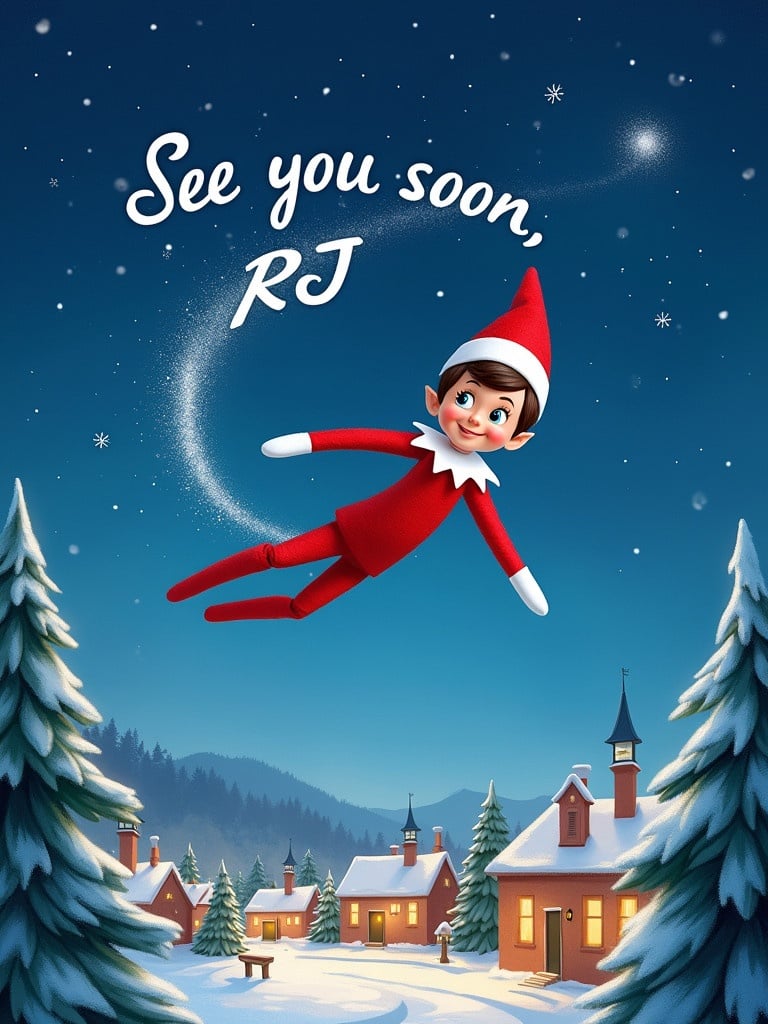 An Elf on the Shelf is flying through the night sky with a snow trail that spells out 'See you soon, RJ'. The elf looks cheerful as he soars above a snowy village filled with trees and Christmas lights.