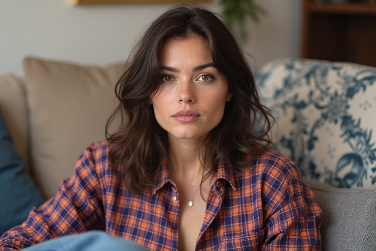 A woman is sitting on a sofa. She wears a plaid shirt and a delicate necklace. The background shows a comfortable living space with a couch and decorative pillows. The lighting is soft and warm. The image conveys a cozy and introspective atmosphere.