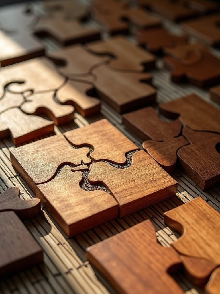 Array of hyper realistic tangram puzzles made from exotic wood displayed on a bamboo mat.