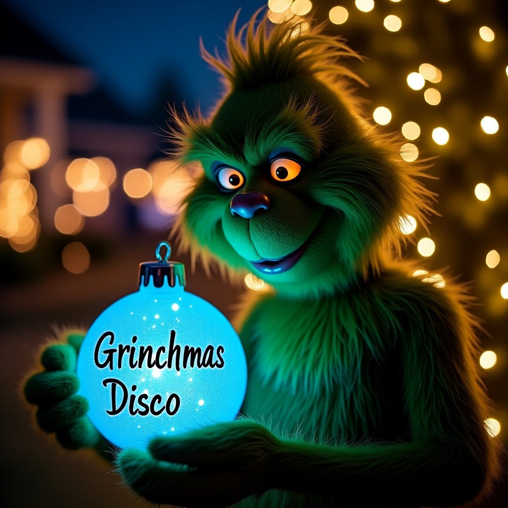 A night garden scene featuring the Grinch holding a glowing blue Christmas bauble marked Grinchmas Disco with elegant script. Twinkling lights create a magical atmosphere.