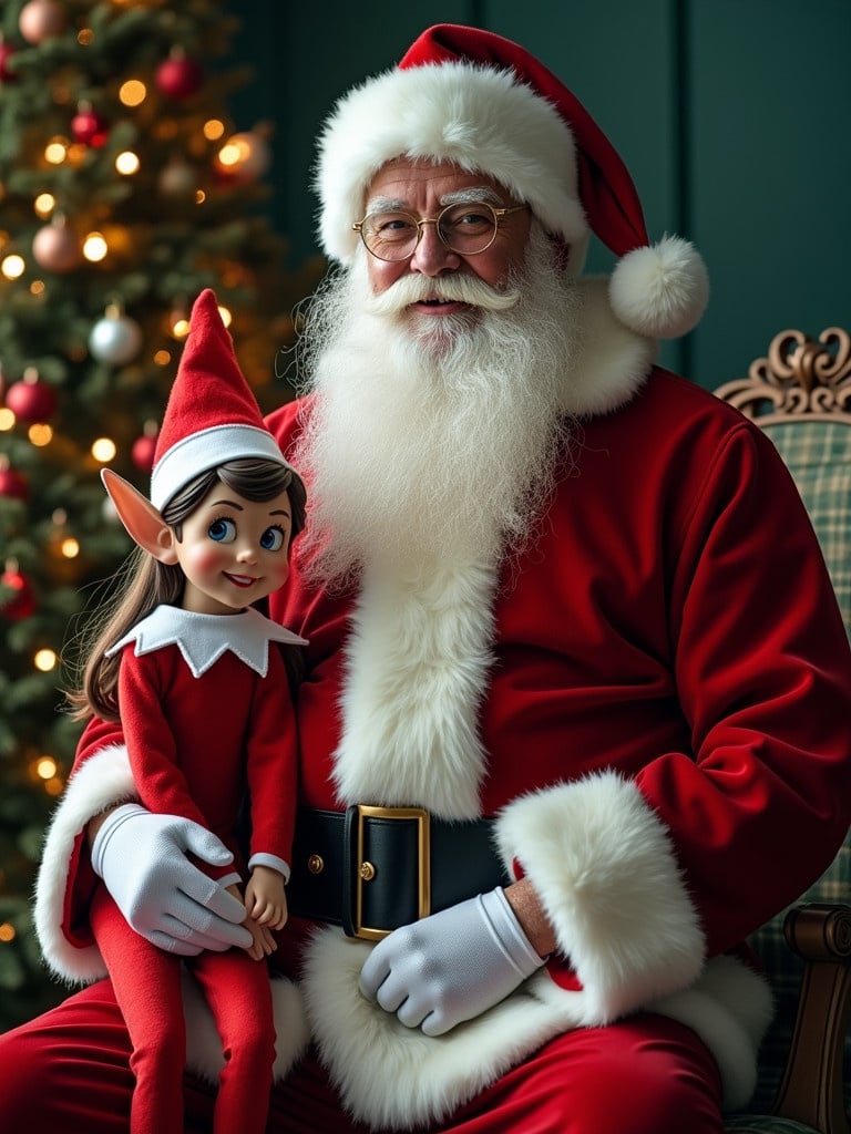 Santa Claus dressed in red with white trim sits on a chair. Santa holds an elf doll dressed in red and white. Background has a Christmas tree with lights and decorations.