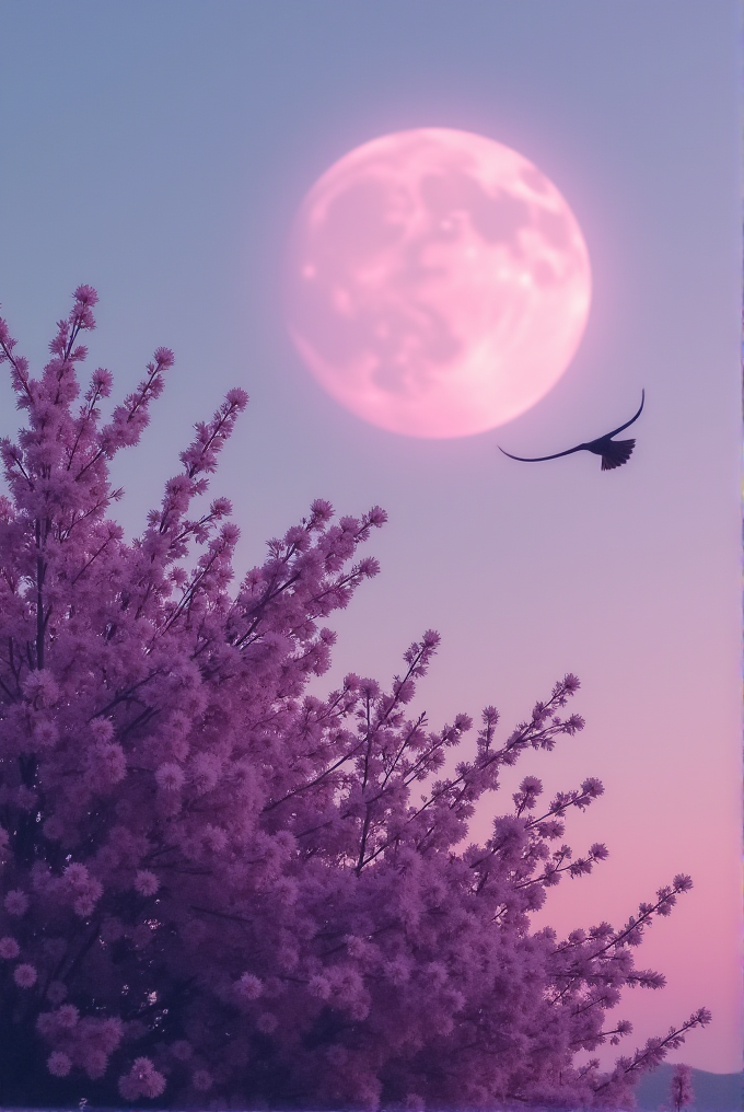 A large pink moon rises above a tree in full bloom, as a bird flies across the twilight sky.