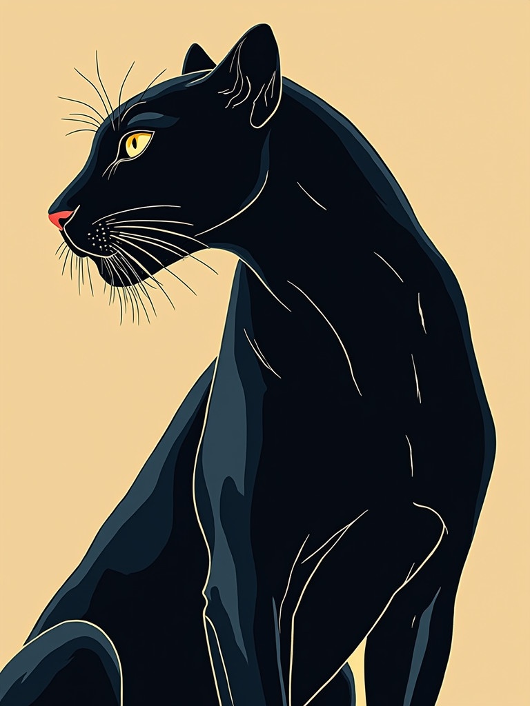 Illustration of a panther in profile. The panther has a sleek body and an elegant posture. The background color is beige. The panther is black with bright yellow eyes and a red nose. The style is modern and simplistic.