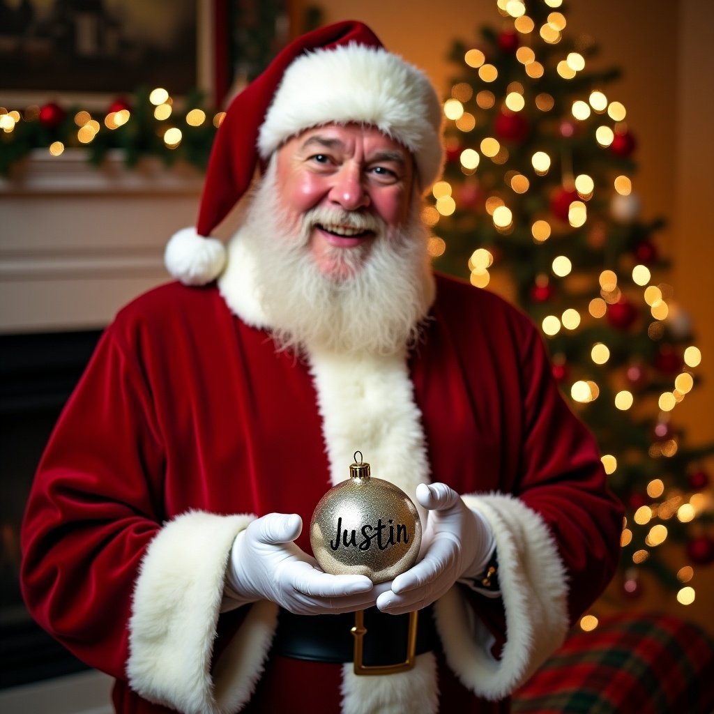 Santa Claus wearing a red suit with white trim. Santa is holding a Christmas bauble with the name Justin. Background shows Christmas tree with lights.