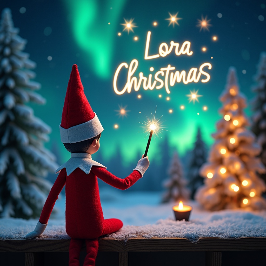 This enchanting Christmas scene showcases an elf on the shelf, depicted from behind. He is dressed in a traditional red and white outfit and holds a magic wand aloft, inscribing the names 'Cora', 'Harper', and 'Veda' in a sparkling script against the night sky. The background features vibrant northern lights that create a magical ambiance, further illuminated by a nearby candle. Snow-covered trees frame the scene, enhancing the festive atmosphere. This whimsical portrayal captures the joy and wonder of the holiday season.