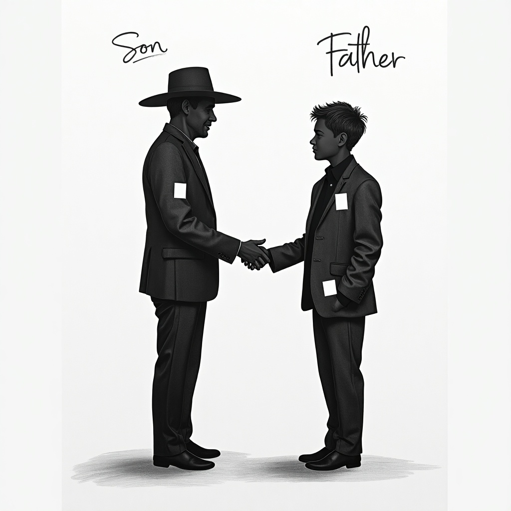 Conceptual illustration shows father and son silhouettes with smooth gray background. The word 'Son' is above the left figure and 'Father' above the right. Father's silhouette has cutouts, representing sacrifice. Son's silhouette has a small void in the chest. Father wears a hat, son is dressed formally. Father extends arm holding a rectangular object, symbolizing wisdom. Soft lighting and subtle shadows ground the figures. The composition is minimalist with sharp edges and deep emotional tones.