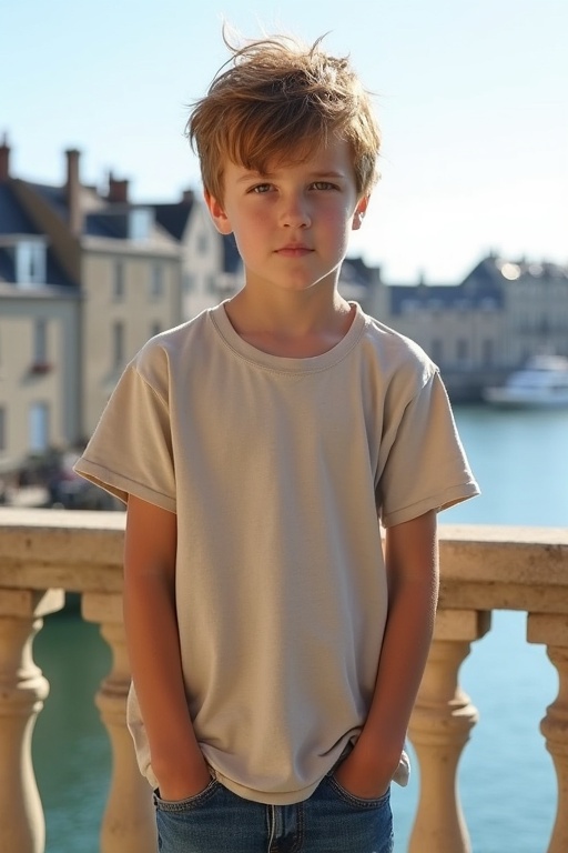 A young boy wears a large natural-colored T-shirt with blue jeans on a balcony. He has tousled light brown hair and appears very amorous. The background features a sunny harbor in Normandy showcasing a peaceful and quiet atmosphere.