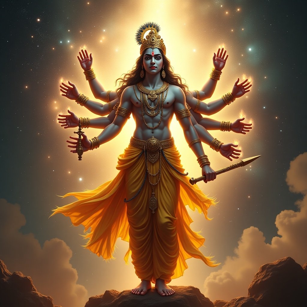 Clear ultra HD hyper-realistic image of Lord Krishna. Divine light reveals Vishwaroop form. Multiple arms holding weapons. Galaxies and stars swirl around him. Dressed in golden attire and a peacock-feather crown.