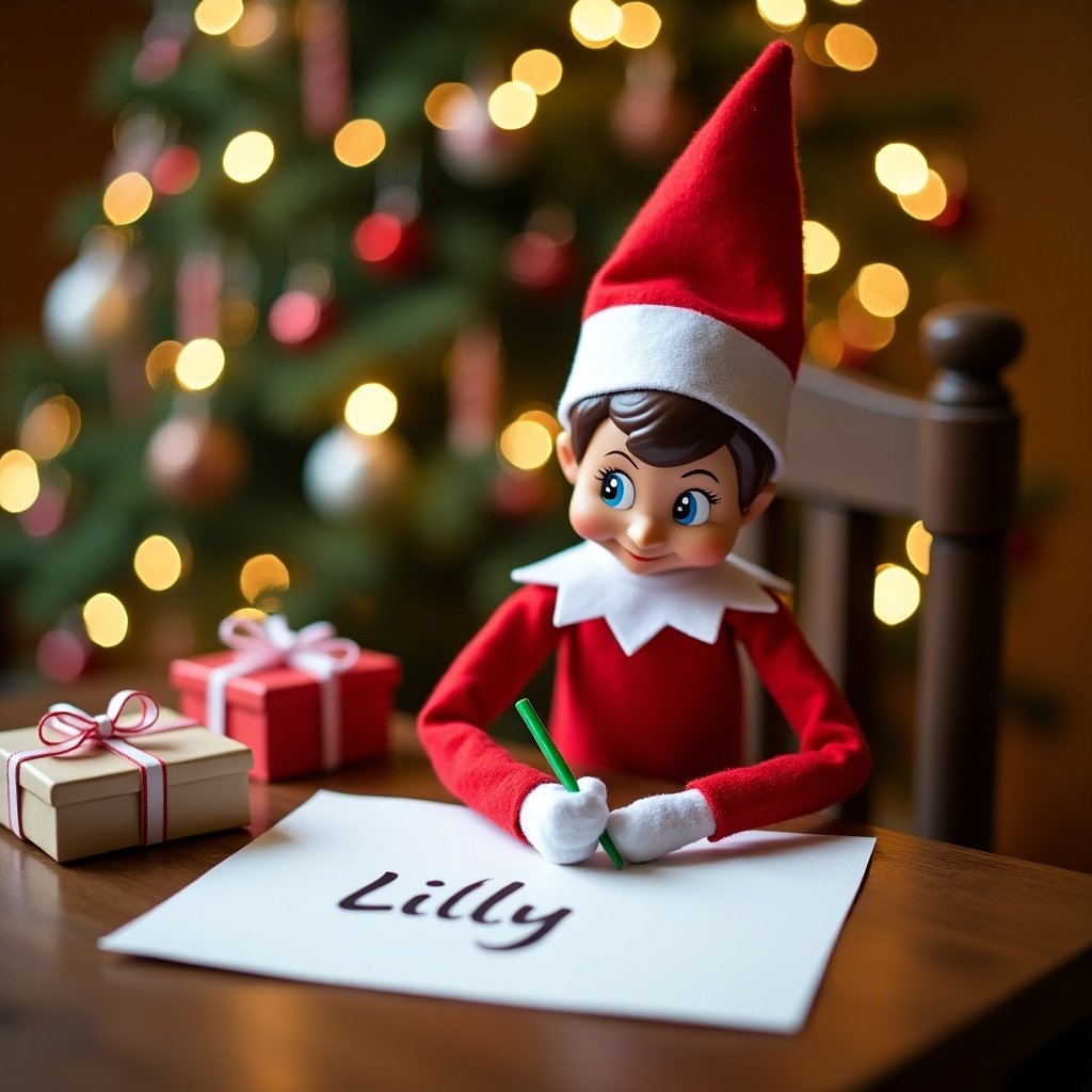 An elf character sits at a wooden table. The elf writes the name 'Lilly' on paper. The elf wears a red outfit and a pointed red hat. In the background, a Christmas tree is decorated with lights. A small gift box is on the table.