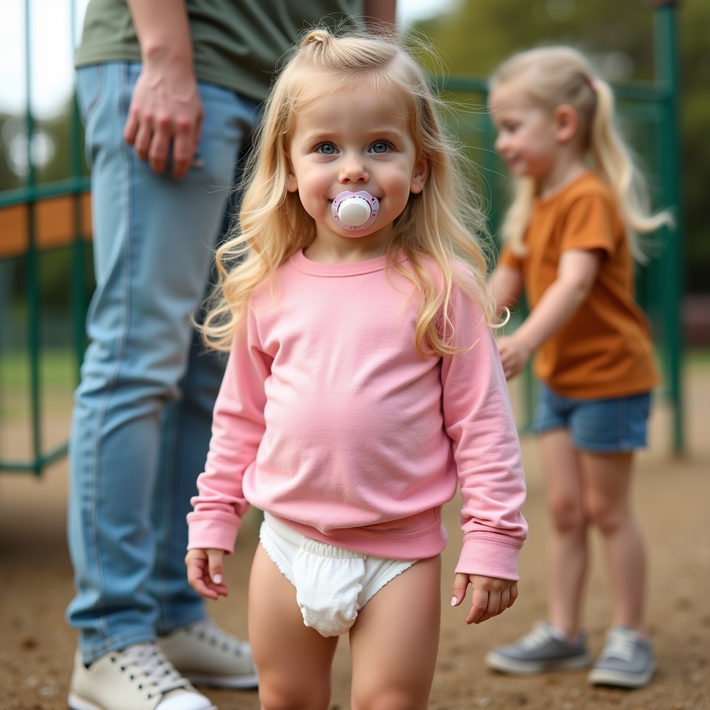 The image captures a seven-year-old girl with long blonde hair and emerald green eyes. She is wearing a long sleeve pink t-shirt and a diaper, standing confidently at the playground. The girl has a pacifier in her mouth and is wearing Velcro strap shoes. In the background, her parents are present, creating a relaxing family atmosphere. The playground setting conveys a sense of fun and childhood joy. The soft natural lighting enhances the wholesome vibe of the moment. The girl appears cheerful and curious, embodying the spirit of adventure typical for children her age.