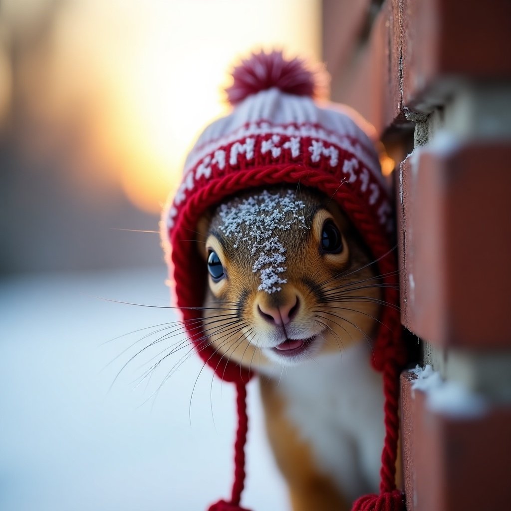 Realistic close-up photo of smiling squirrel behind brick wall. Knitted red and white hat worn. Frost on nose. Blurred winter landscape in background with setting sun. Squirrel and hat are colorful, creating contrast.