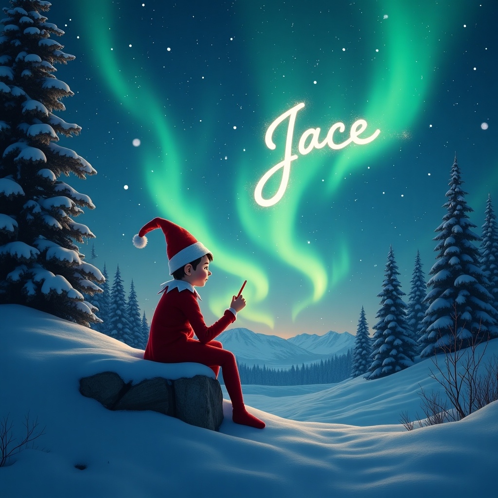 The scene depicts an elf sitting on a snow-covered rock in a tranquil winter landscape. He is wearing a classic red and white outfit and a pointed hat. Above him, the northern lights illuminate the night sky, creating a vibrant green glow. The elf is pointing upwards, where the name 'Jace' is artistically written in cursive by the magic of the lights. Snowy pine trees blanket the background, enhancing the wintry atmosphere. This whimsical setting evokes a sense of wonder and holiday cheer.