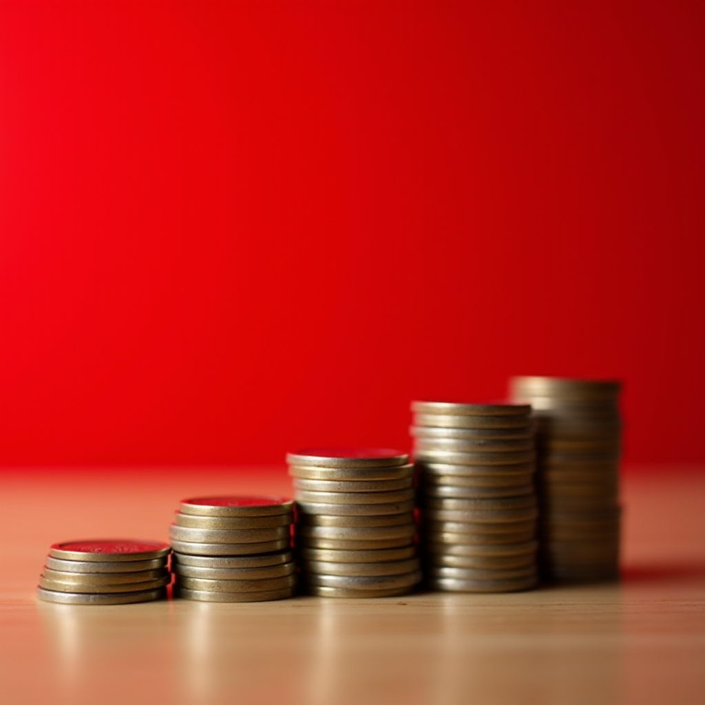 A series of coin stacks increases in height from left to right against a striking red background.