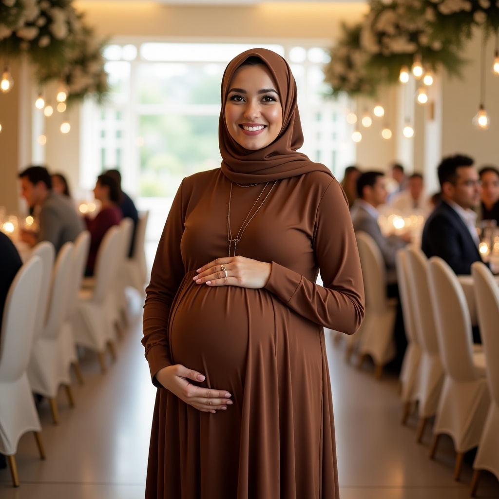 Stylish pregnant woman in brown hijab standing at a wedding party. She is smiling warmly, dressed elegantly. Her outfit is complemented by warm, ambient lighting.