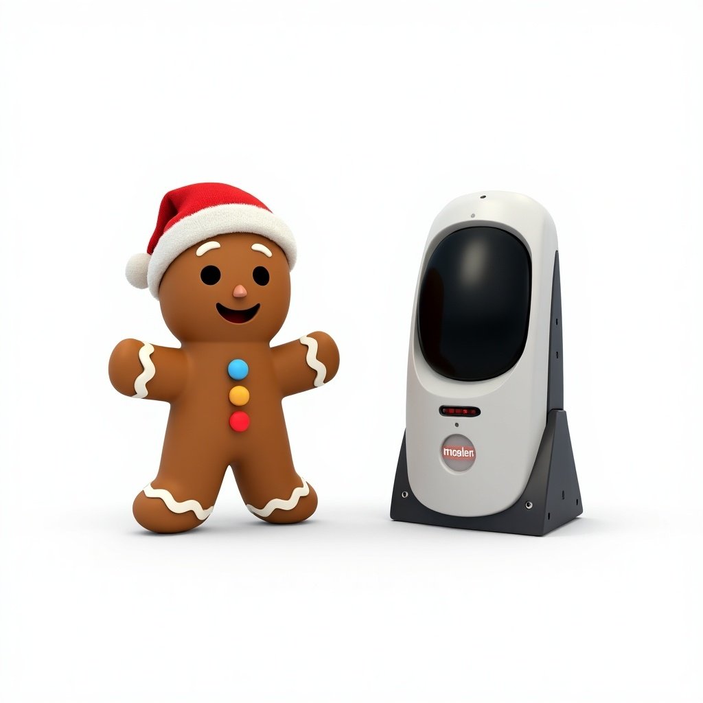 Gingerbread man character with buttons standing next to a scanning device. Both on a white background. Fun and festive atmosphere for holiday theme.