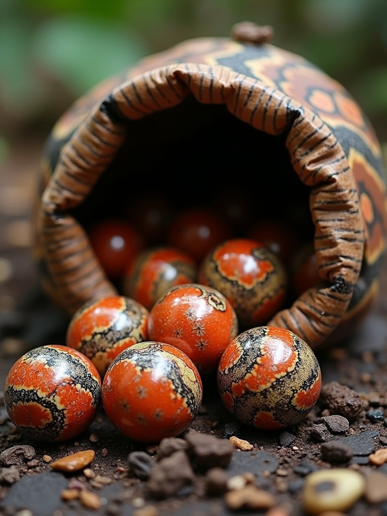 Hyper-realistic marbles made of Eastern coral snake skin and exotic wood inlays spill from a worn snakeskin sack. The setting resembles a forest floor in the Amazon jungle.