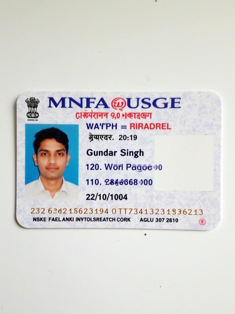 Image displays an Indian driver license card. The card shows the name Gundar Singh. Age is 20 listed on the ID. Birth date is 22/10/2004. Card follows a government card format. The design of the card is clean and professional. Suitable for identification purposes.