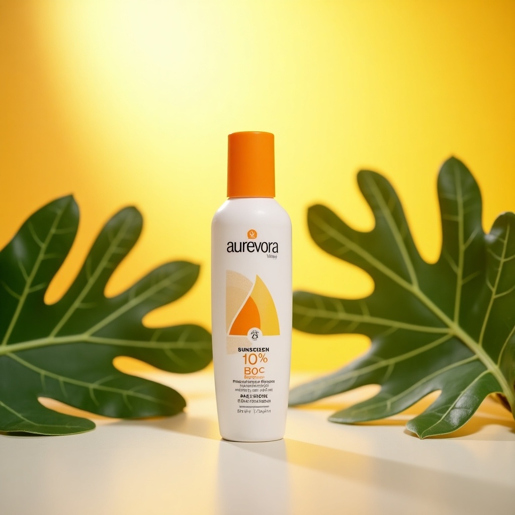 Image shows a bottle of aurevora sunscreen on a light surface. The bottle features a sleek design with orange accents and indicates its effectiveness percentage. Surrounding the bottle are vibrant green leaves. The background is illuminated with a warm glow, enhancing the product's freshness. The scene conveys a summer vibe and sun protection.