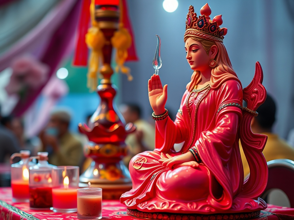 A vibrant red statue of a deity seated with an ornate backdrop and candles.