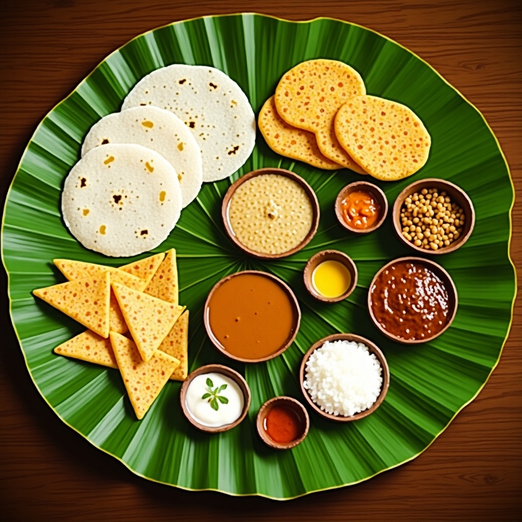 The image showcases a traditional South Indian breakfast served on a banana leaf. There are various dishes like idli, dosa, and accompaniments such as chutney and sambar. Brightly colored and arranged neatly, the food is displayed on a large leaf, giving it an authentic presentation. The atmosphere evokes feelings of warmth and hospitality associated with Indian dining. This bustling and appetizing scene is ideal for food lovers and culinary enthusiasts alike.