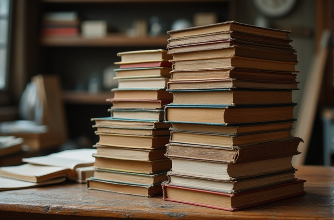 A cozy study features stacks of vintage books on a wooden table, with blurred bookshelves in the background.