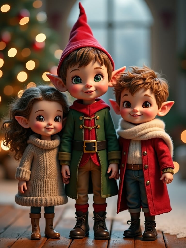 A cute boy elf is with two human friends in a Christmas scene. The elf is wearing a green outfit and a red hat. The girl has brown curly hair. The boy has wavy dark blonde hair. The background has Christmas decorations and warm lights.