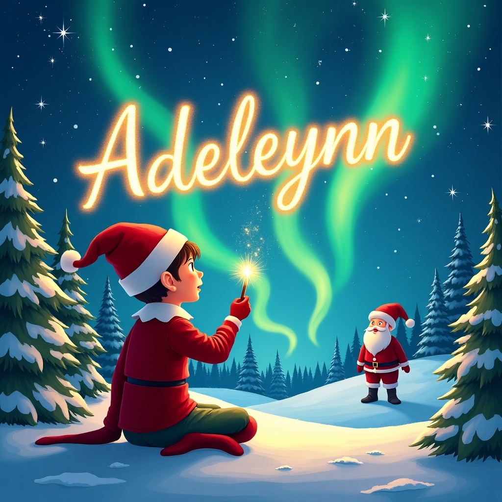 Magical Christmas scene with elf on the shelf holding wand. Elf gazes at vibrant sky. Sparkling letters form the name 'Adaleynn'. Snow-covered landscape with pine trees. Santa Claus visible in distance. Whimsical, colorful illustration. Capture holiday cheer and wonder.