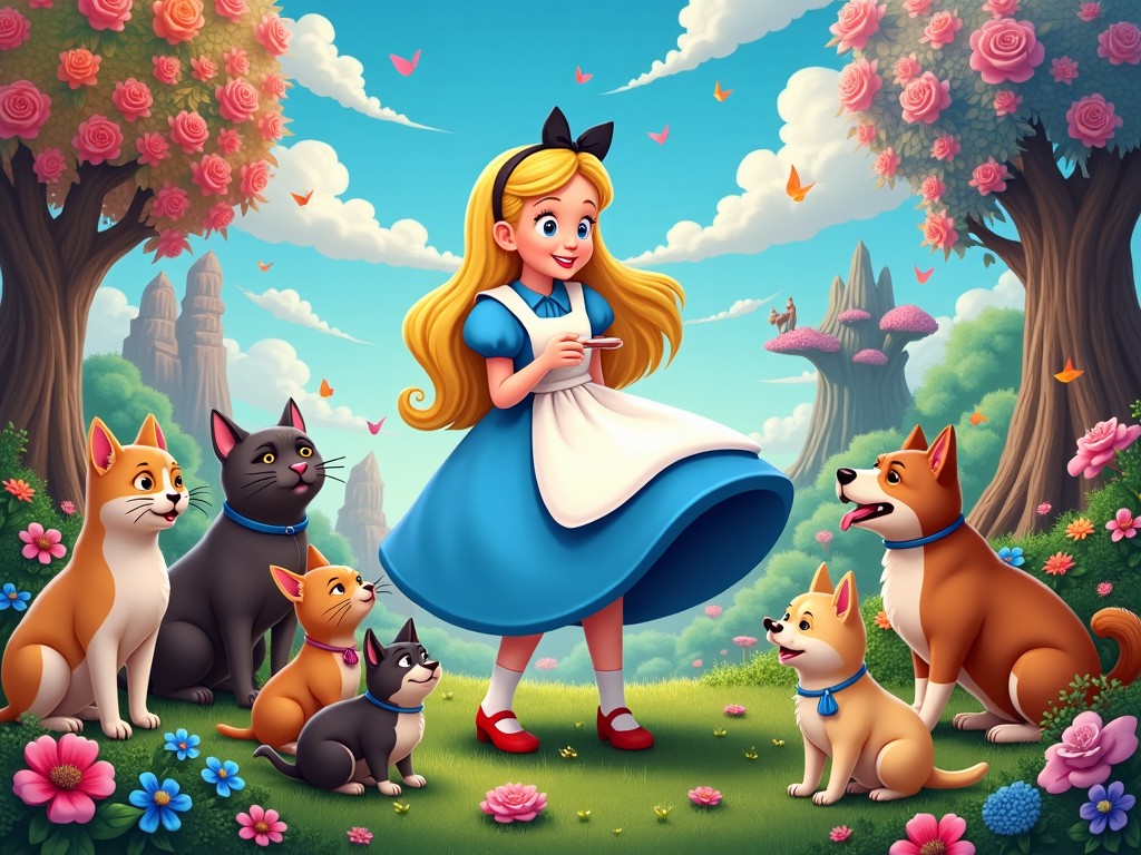 A joyful young girl in a blue dress surrounded by cats and dogs in a whimsical garden, with pink flowered trees and fantasy-like landscapes in the background, colorful butterflies fluttering around.