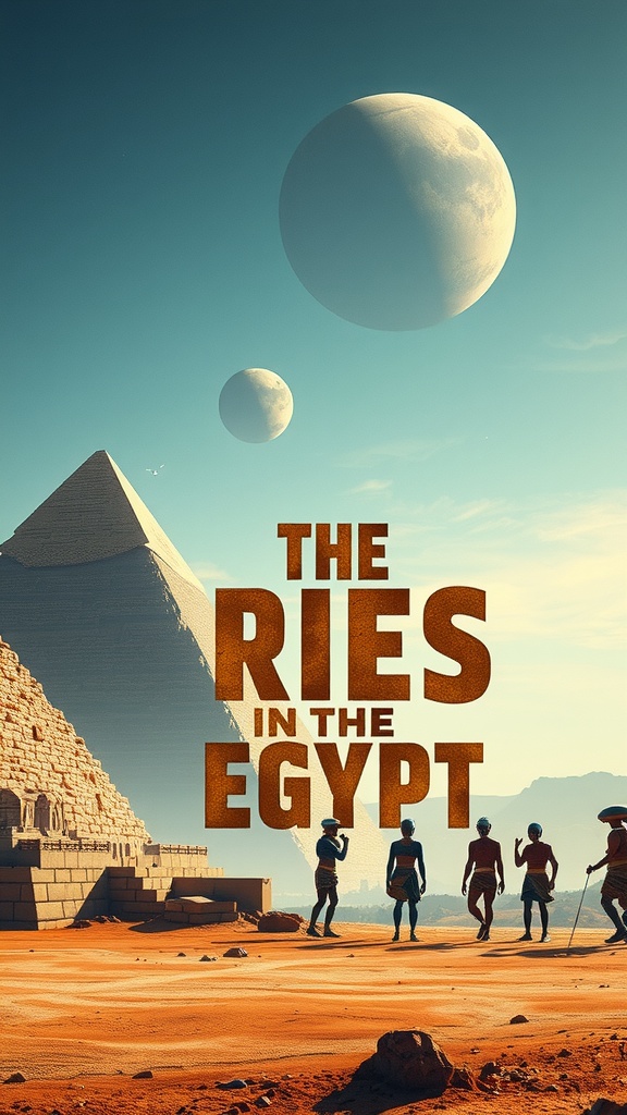 An artistic scene with pyramids under a sky with multiple moons and text overlay.